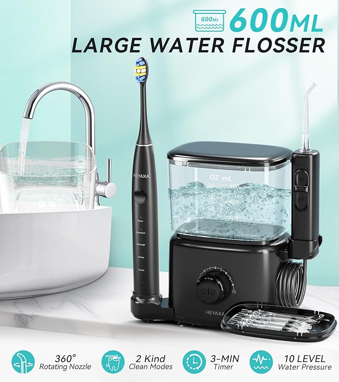 Water Flosser & Ultrasonic Electric Toothbrush Combo, 600ML Water Dental Flosser with 7 Jet Tips, 10 Adjustable Water Pressure, 5 Toothbrush Heads for Home Use, Gums, Braces (Dark)