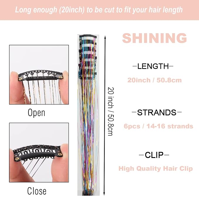 47" Holographic Hair Tinsel Shining Gold Professional Sparkle Heat-Resistant Silk Extensions, Hair Accessories for Girls, Party Hair, Gifts for Girls (6PCs Clip in Hair Tinsel Kit, Rainbow Galaxy)