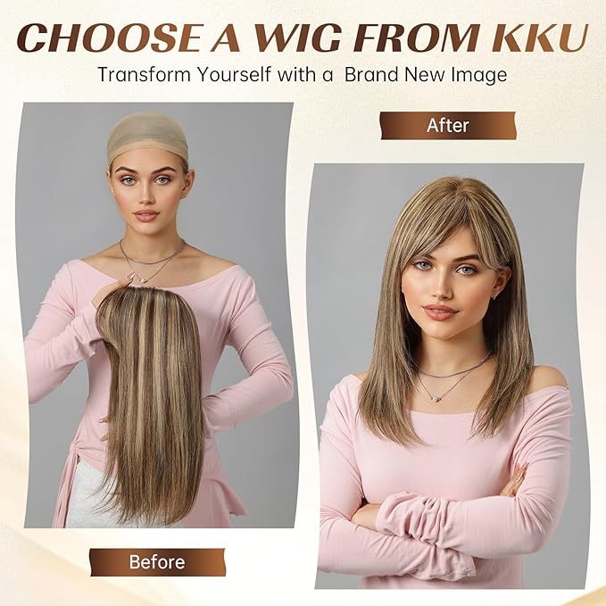 KKU 16 Inch Ombre Ash Blonde Human Hair Wigs for Women,Layered Straight Hair Wig with Bangs,Wear Natural Realism