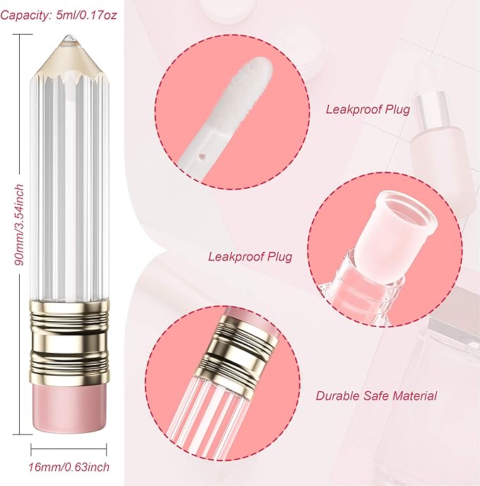 RONRONS 12 Pieces Pencil Lip Gloss Tubes, Empty Mini Pencil Shaped Lip Gloss Tubes Containers Clear Lip Balm Tube Plastic Refillable Bottle for Women Girls Gifts, 5ml