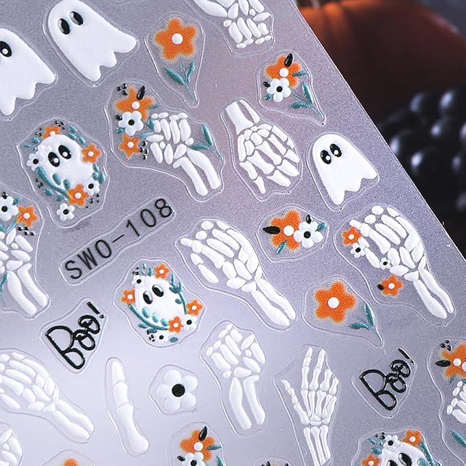 8 Sheets Halloween Nail Art Stickers Decals 3D Self-Adhesive Horror Ghost Spider Web Spider Pumpkin Hand Bone Skull Black Cat Nail Stickers Cute Halloween Nail Decals for Women
