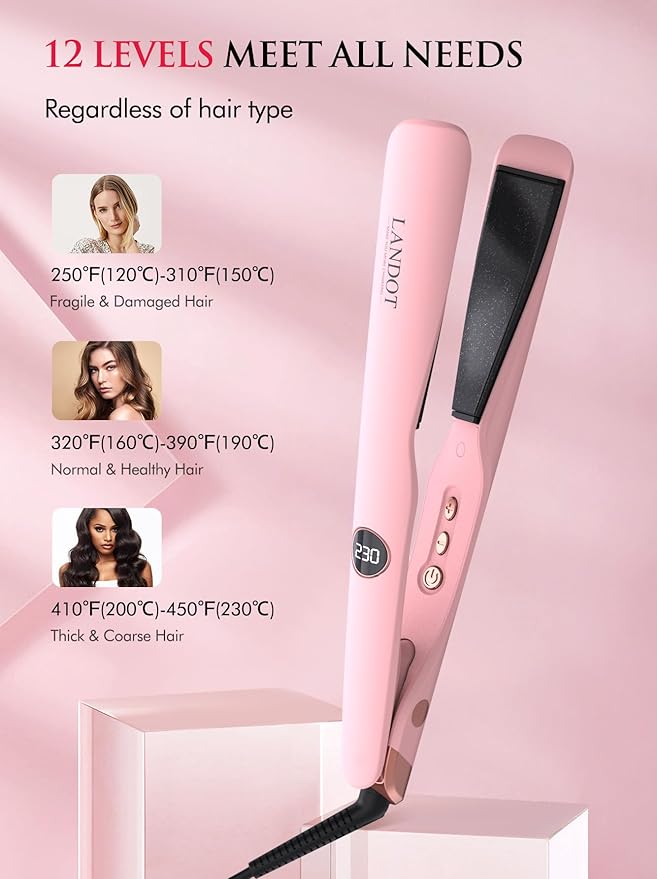 LANDOT 2-in-1 Hair Straightener and Curler - Twist Flat Curling Iron for Sleek Straight, Bouncy Curls, Beach Waves, Tourmaline Ceramic, Dual Voltage Adjust Temp 250-450°F All Hair Types, Color Pink