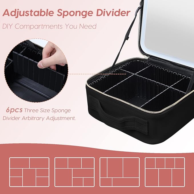 Gdsshuhung Makeup Bag with Mirror | Partitionable Professional Makeup Organizer | Large Travel Makeup Bag for Women | Cosmetic Case for Daily & On-the-Go Use (Black)