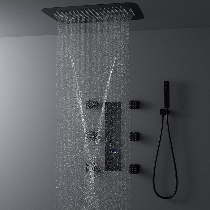 AYIVG Matte Black Multi Function Luxury Thermostatic Shower System 4 Functions Temperature Display Shower Set Rainfall Shower Head with Handheld Spray & 6PCS Body Spray Jets with ON/Shut off