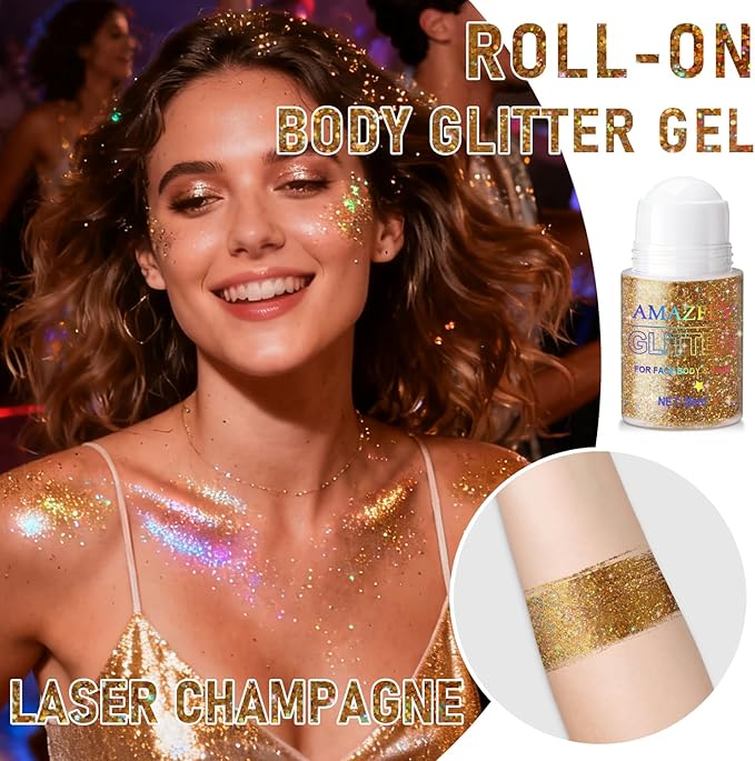 Roll-on Holographic Body Glitter Gel for Face and Hair, Chameleon Color Changing Glitter Gel Under Light, Chunky Mermaid Sequins Shimmer Makeup for Halloween Party Rave Accessories (Champagne)