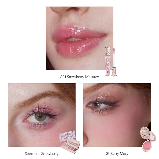 Flower Knows Feb-Blush Bliss Makeup Box Set,8-Piece Beauty Kit,Includes Make-up Palette,Lipgloss,Eyeshadow,Blush,Powder Bag Charm,Mirror,Wishes Card,Box,Perfect Valentine,Make Up Gift for Women&Girls
