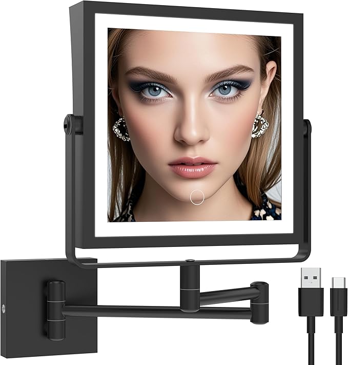 Ruacq Rechargeable Wall Mounted Makeup Mirror with Lights, Double Sided 1X/7X Magnifying Vanity Mirror with 3 Color Lighting, Touch Screen Dimmable, 360° Rotation Extension Foldable Arm(Matte Black)