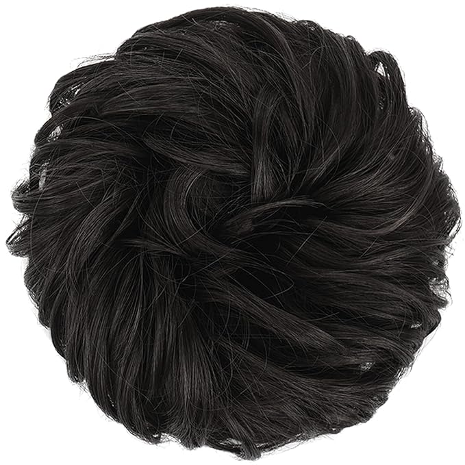 FESHFEN Messy Bun Hair Piece - Wavy Synthetic Chignon Scrunchies for Instant Volume, Elastic Bun Ponytail Hair Extensions Thick Hairpieces for Women, Black Brown 1.50 oz