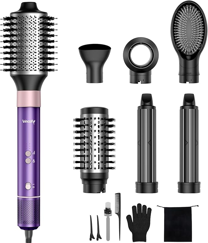 7-in-1 Hair Dryer Brush and 1500W Hair Styler Set – Fast Drying, Curling, Straightening & Volumizing – Hot Air Styling Tool with No Heat Damage – for All Hair Types – Purple