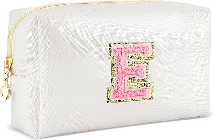 URSKYTOUS Initial Makeup Bag Personalized Preppy Travel Small Cosmetic Bag Cute PU White Chenille Letter Makeup Pouch for Purse Waterproof Zippered Toiletry Organizer for Women Girls Kids Friends (E)