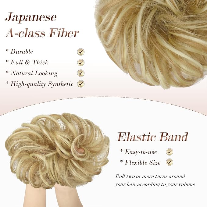 FESHFEN Messy Bun Hair Piece - Wavy Synthetic Chignon Scrunchies for Instant Volume, Elastic Bun Ponytail Hair Extensions Thick Hairpieces for Women, Lightest Ash Brown & Bleach Blonde 1.50 oz