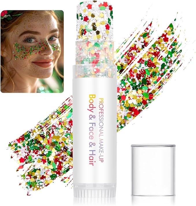 Body Glitter Stick for Face, Body & Hair - Gold & Red/Green Chunky Sparkle Glitter, 2 Pack | Long Lasting Party Makeup for Festival, Rave, Concert & Cosplay
