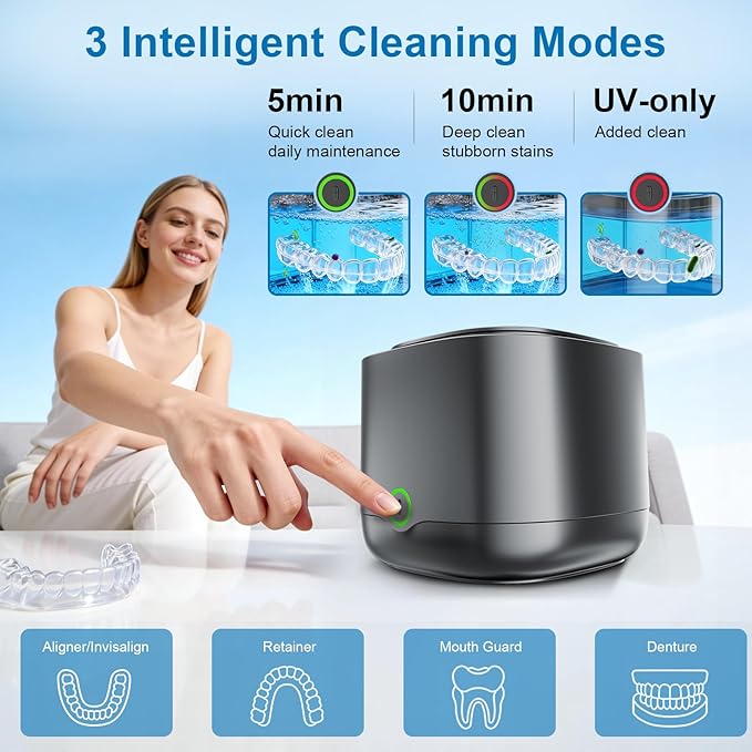 Ultrasonic Retainer Cleaner, 45kHz Retainer Cleaner Machine 4000mAh for Denture, Night Guard, Mouth Guard, Aligner, Brace 24W Dental Cleaning Pod with 4 UV Lights, 200ml Multiple Cleaning Modes