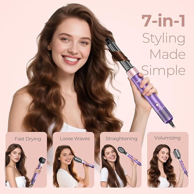 7-in-1 Hair Dryer Brush and 1500W Hair Styler Set – Fast Drying, Curling, Straightening & Volumizing – Hot Air Styling Tool with No Heat Damage – for All Hair Types – Purple
