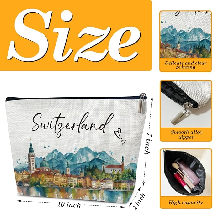 Ythuil Switzerland Trip Gifts Makeup Bag, City Travel Cosmetic Bag for Purse, Watercolor Gifts, Switzerland Souvenir, Trip Favors for Traveller Lovers, City Themed Organizer