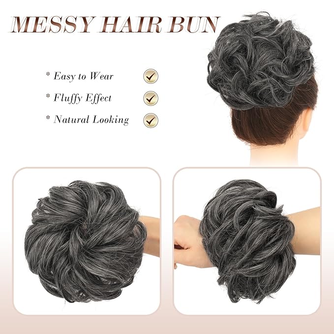 FESHFEN Messy Bun Hair Piece - Wavy Synthetic Chignon Scrunchies for Instant Volume, Elastic Bun Ponytail Hair Extensions Thick Hairpieces for Women, Dark Salt and Pepper 1.50 oz