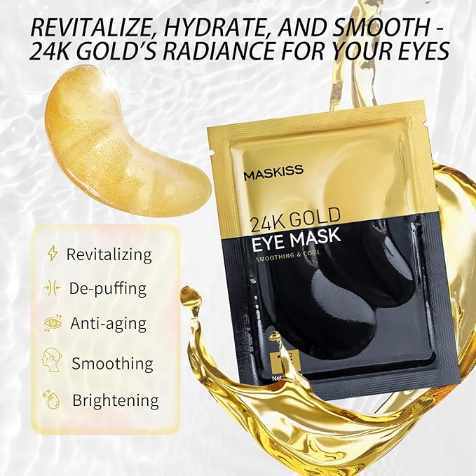 Maskiss 24k Gold Under Eye Patches (8 Pairs), eye mask, Collagen Skin Care Products, Eye Patches for Puffy Eyes, eye masks for dark circles and puffiness