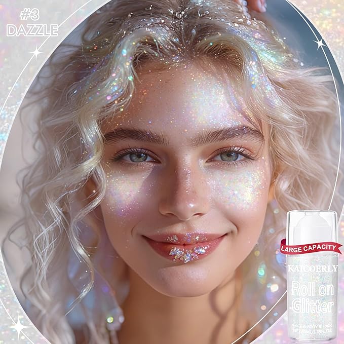 Roll-on Holographic Body Glitter Gel for Women Girls, Sparkle Chunky Glitter Makeup for Christmas New Year Festival Halloween Party Rave, Face Glitter Makeup for Face Body Hair (Dazzle)