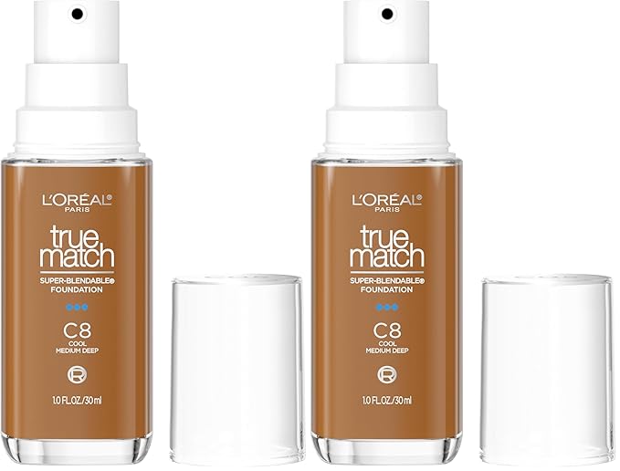 L'Oreal Paris True Match Super-Blendable Foundation, Medium Coverage Liquid Foundation Makeup, C8, Medium Deep, 1 Fl Oz (Pack of 2)