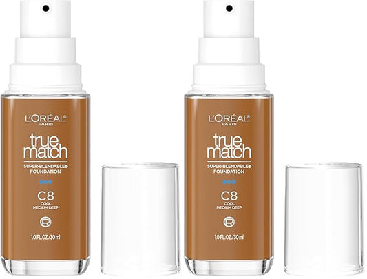 L'Oreal Paris True Match Super-Blendable Foundation, Medium Coverage Liquid Foundation Makeup, C8, Medium Deep, 1 Fl Oz (Pack of 2)