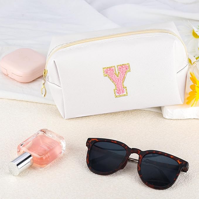 URSKYTOUS Initial Makeup Bag Personalized Preppy Travel Small Cosmetic Bag Cute PU White Chenille Letter Makeup Pouch for Purse Waterproof Zippered Toiletry Organizer for Women Girls Kids Friends (Y)