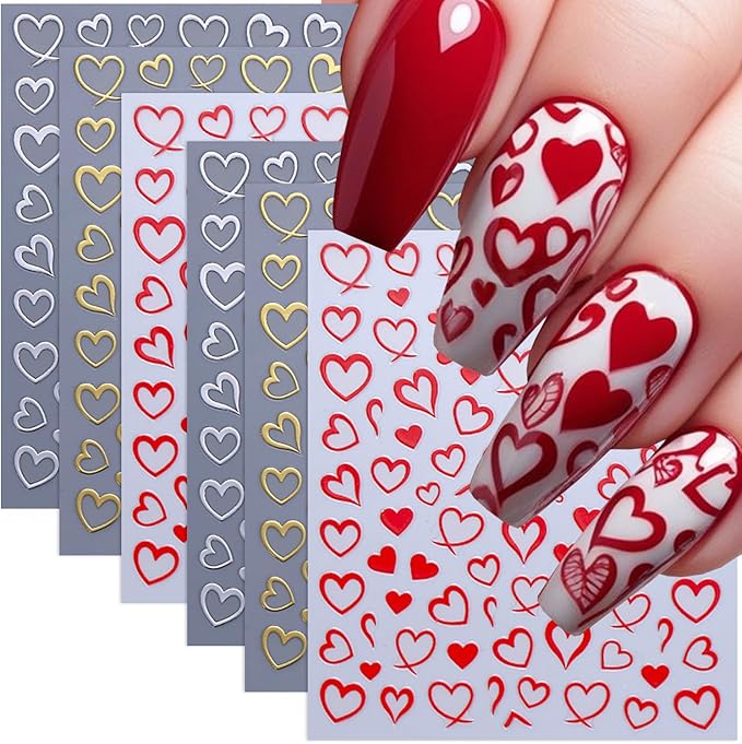 Heart Nail Stickers for Nail Art 3D Self-Adhesive Gold Silver Red Hearts Nail Decals Valentine Heart Nails Art Sticker Holiday DIY Manicure Decoration Accessories for Women 6 Sheets