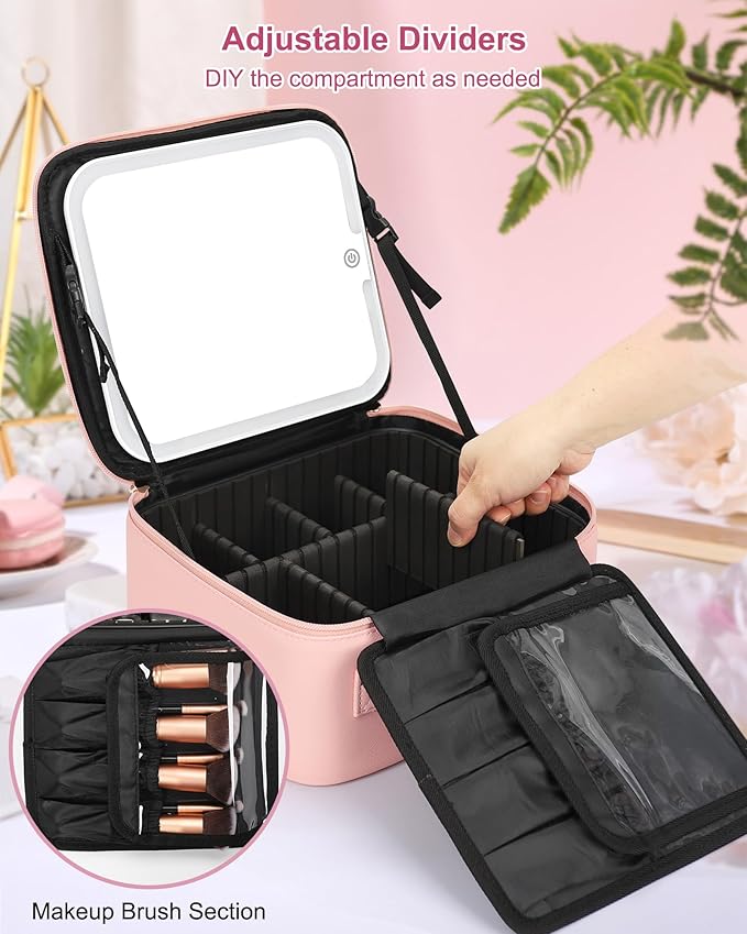 Relavel Initial Makeup Bag with LED Mirror for Women Girls, Personalized Travel Cosmetic Organizer Train Case, Birthday Gifts for Grandkids Bridesmaid Graduation Teacher Friends, Trendy Stuff, Pink L