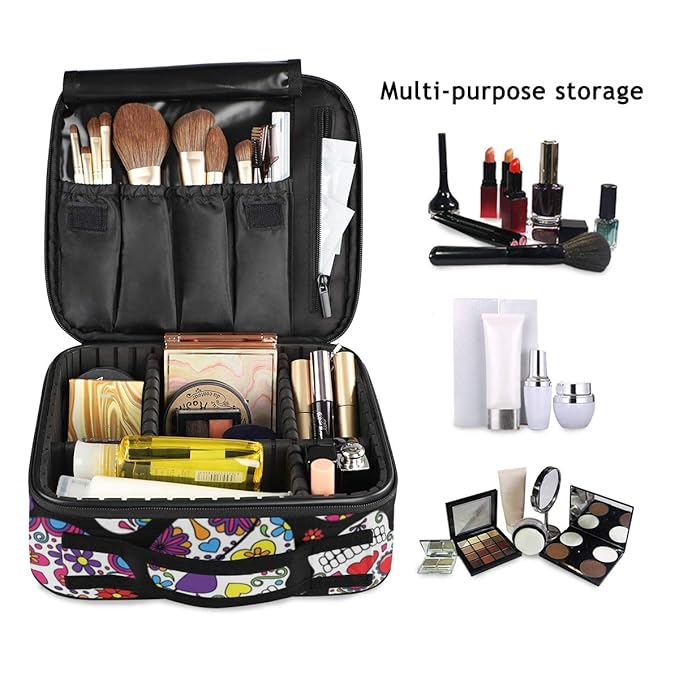 ALAZA Travel Makeup Case, Halloween Colorful Floral Sugar Skull Black Cosmetic toiletry Travel bag for Women Girls
