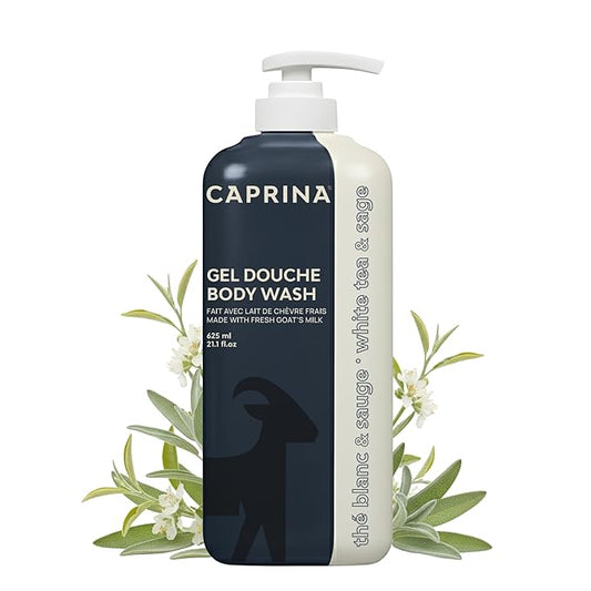 Caprina Fresh Goat’s Milk Body Wash, WHITE TEA & SAGE Formula, 625 ml, Moisturizing Cleanser for Normal Skin, Gentle Daily Hydration