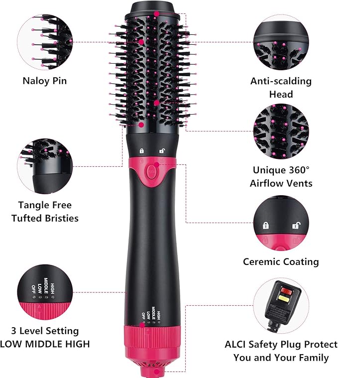 3 in 1 Hair Dryer & Volumizer, Ceramic Negative Ion Curling Dryer Styler with 3 Brush Heads (Rose Black)