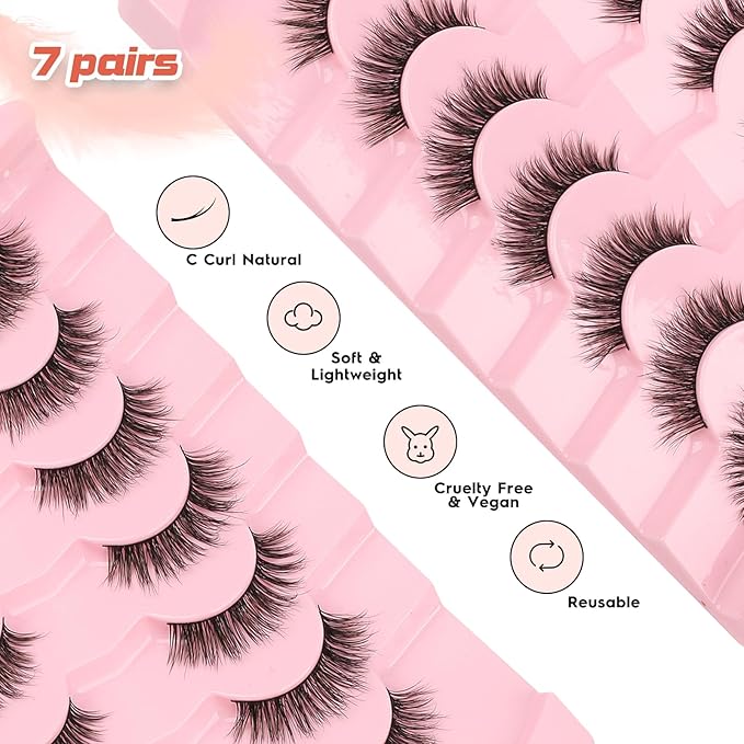 Lashes False Eyelashes 13MM Wispy Lashes Pack Fluffy Lash Strips False EyeLashes with Thin Band C Curl Natural Lashes Fake Eyelash 7 Pair Siligli