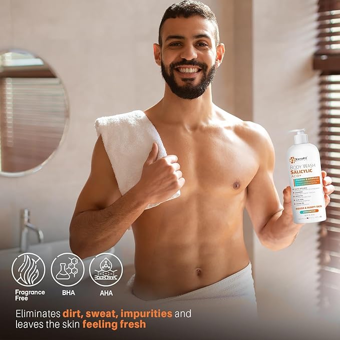 KERAPIL Salicylic Acid Body Wash - Skin Non-drying, Gentle Exfoliates Rough and Bumpy Skin, Body Acne Wash, BHA & AHA - Unscented Exfoliating Body Wash, Made in USA - (16 fl oz x 2)