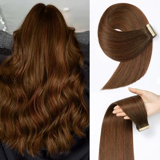 Human Hair Tape in Extensions, Chestnut Brown Mixed Dark Auburn Extensions Real Human Hair 20 Inch 20pcs Remy Straight Tape ins Invisible Tape in Hair Extensions Human Hair (4/4/33#,20 Inch)