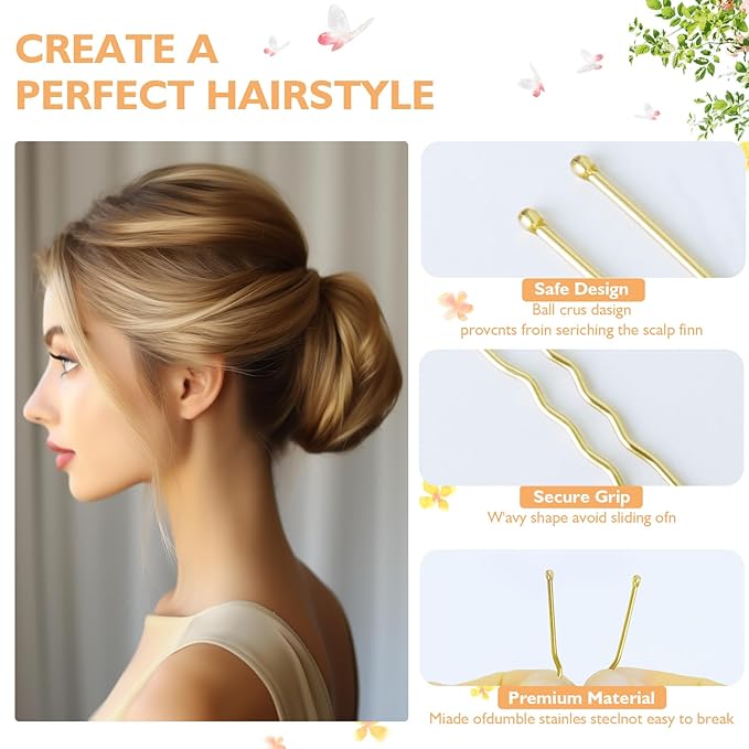 300Pcs U-Shaped Hair Pins in Varying Sizes (2.8IN, 2.4IN, 2IN), Bobby Bun Pins for Women, Kids, and Girls - With Storage Box and 50Pcs Elastic Hair Bands for All Hair Types, Gold