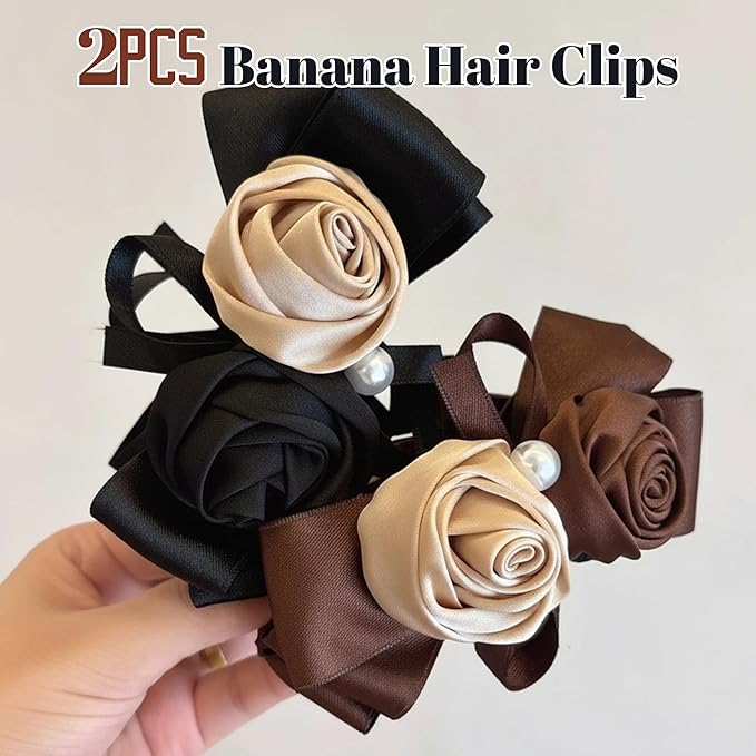 2 Pack Satin Rose Banana Clips for Fine to Medium Hair, Flower Ponytail Holder with Pearl, Non-Slip Vertical Clamp, Vintage French Hair Accessories (Black & Brown)