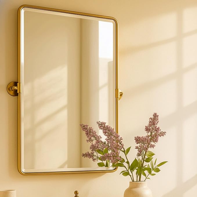 TEHOME 20x30'' Pivot Rectangle Bathroom Vanity Mirror Brushed Gold Rounded Corner Metal Framed Tilting Beveled Vanity Wall Mirrors