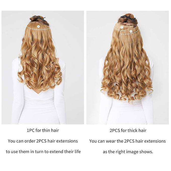 REECHO 20" 1-pack 3/4 Ombre Full Head Curly Wave Clips in on Synthetic Hair Extensions HE008 Hair pieces for Women 5 Clips 4.5 Oz Per Piece - Ombre Light Brown to Dirty Blonde