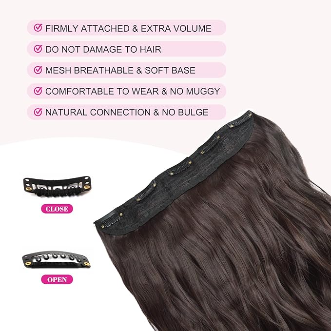 REECHO 20" 1-pack 3/4 Full Head Curly Wave Clips in on Synthetic Hair Extensions HE008 Hair pieces for Women 5 Clips 4.5 Oz Per Piece - Dark Reddish Brown