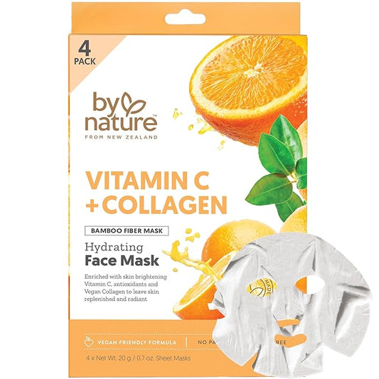 By Nature Hydrating Face Masks with Vitamin C + Collagen, Made From Bamboo Fiber from New Zealand (4 Pack)