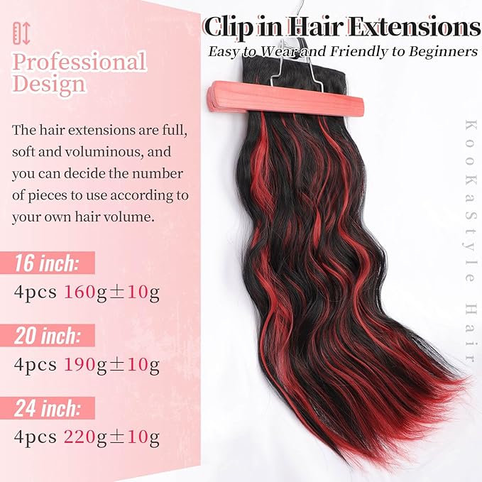 KooKaStyle Hair Extensions Black Mix Red Highlights 1B/113# Clip in Synthetic Highlight Hair Extensions Long Wavy 4PCS Thick Hairpieces 20 Inch for Women