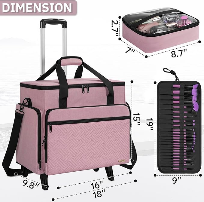 FREEAMG Extra Large Rolling Makeup Case with 4 Removable Pouches，Professional Make up Train Case with Wheels,Travel Cosmetic Bag for Hairstylists Nail Tech Makeup Artist with Detachable Trolley