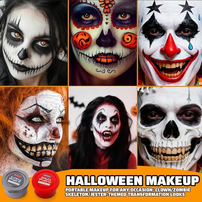 3 Color water-based Face Body Paint Set （Black + White + Red )with Brushes Kits Non-Toxic Easy Washable ,for Adults Halloweens Partys Cosplays Joker Zombie Vampire SFX Art Stage Makeup Adults