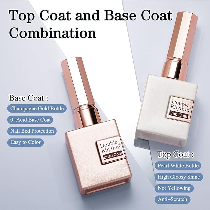 Double Rhythm 2 Pcs 15ML No Wipe Gel Top Coat and Base Coat Set Clear Glossy Gel Polish Kit Soak Off UV LED (Base and Top Coat)