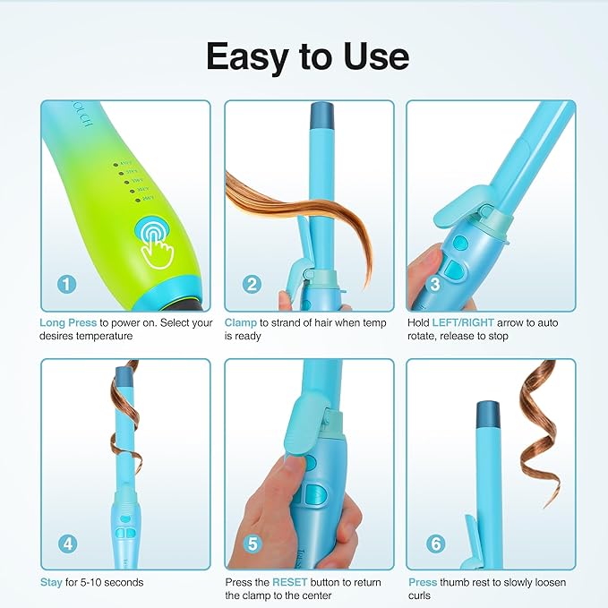 Extra-Long Barrel Rotating Curling Iron with Clamp, Automatic Curling Iron 1 Inch, 30s Fast Heating to 410°F & Home Button for Fast Styling & Lasting Results, Universal Voltage for Travel, Blue Green