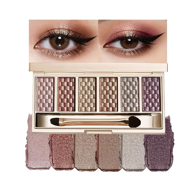 6 Color Shimmer Eyeshadow Palette with Mirror & Brush, Neutral Metallic Glitter Eye Shadow, High Pigmented Long Lasting Pressed Powder for Daily Makeup & Travel，Paleta de Sombras