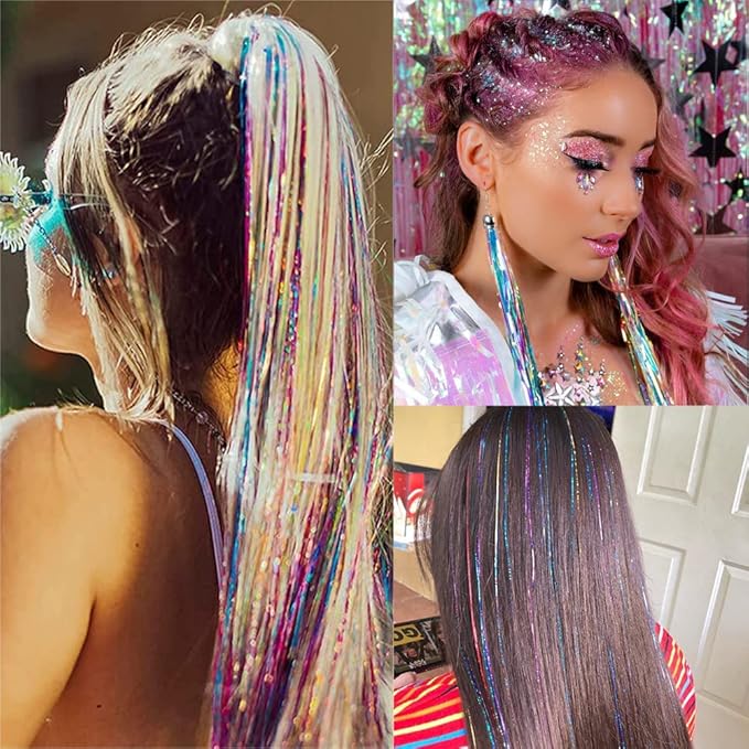 Hair Tinsel Kit, 18 Colors 48 Inches, Fairy Hair Tinsel Hair Extensions Heat Resistant with Tools, Hair Accessories for Women Girls 7200 Strands (Hair Tinsel Kit, 18 Colors)