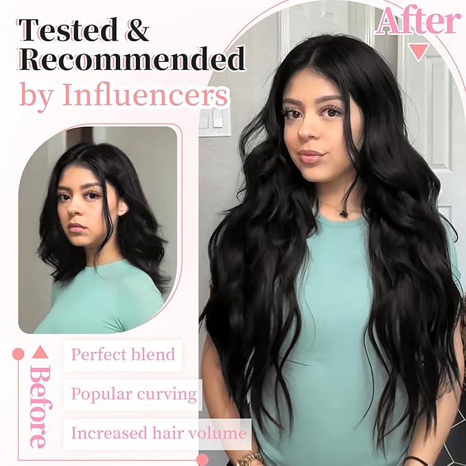 KooKaStyle Clip in Hair Extensions 4PCS Long Wavy Synthetic Dark Black Brown Fiber Double Weft Natural Thick Hairpieces 24Inch for Women
