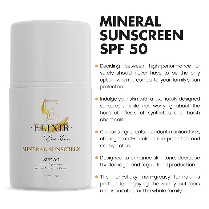 Elixir by Cocó March Mineral Sunscreen SPF 50 for Face & Body, Broad Spectrum Sun Protection, Water Resistant 80 Min, Hydrating Facial & Body Sunscreen for Adults & Kids, 2.1 oz (59 g)