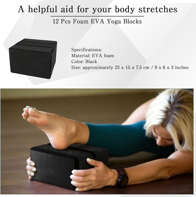 12 Pcs Foam Eva Yoga Blocks Bulk Yoga Supportive Blocks Black Non Slip Lightweight Bricks Prop Accessories for Men Women Beginners Meditation Pilates and Stretching