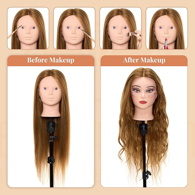 Mannequin Head 80% Human Hair with Tripod Stand,28 Inch Make up Cosmetology Manikin Practice Doll Head,Braiding Hairdressing Head with Table Clamp + DIY Hair Styling Set